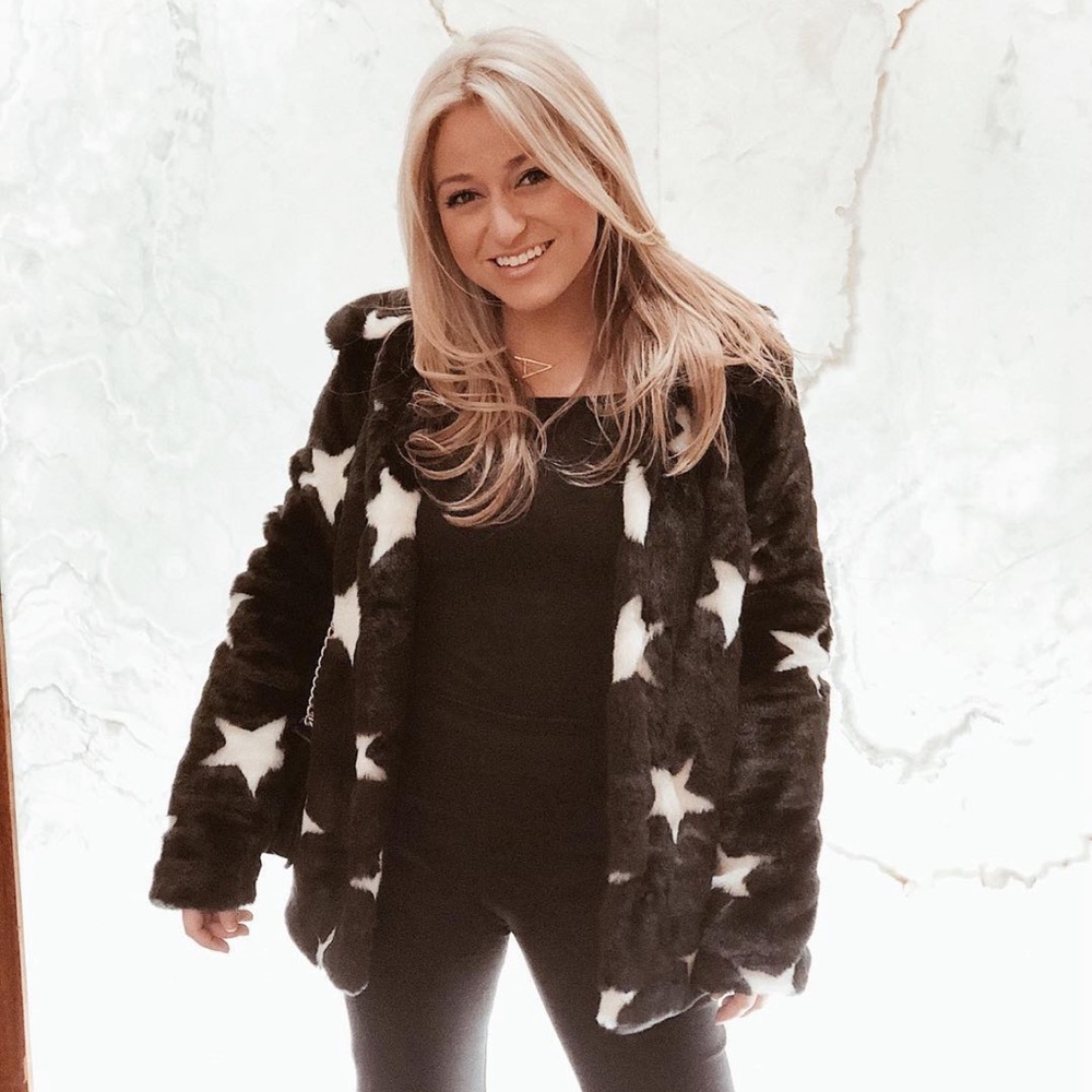 Aqua Black and White Star Faux Fur Jacket
